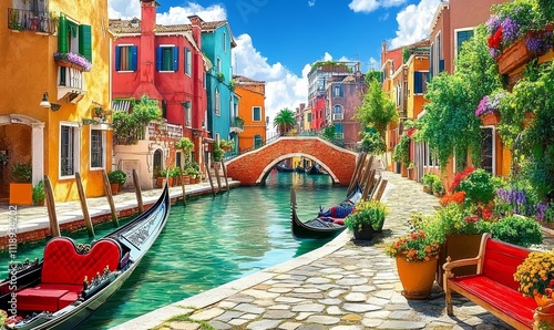 Fototapeta Naklejka Na Ścianę i Meble -  Picturesque Venetian Canal with Colorful Buildings and Gondola in Venice Italy