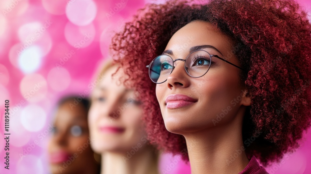 Obraz premium A diverse group of women with stylish glasses, showcasing confidence and individuality against a vibrant pink backdrop.