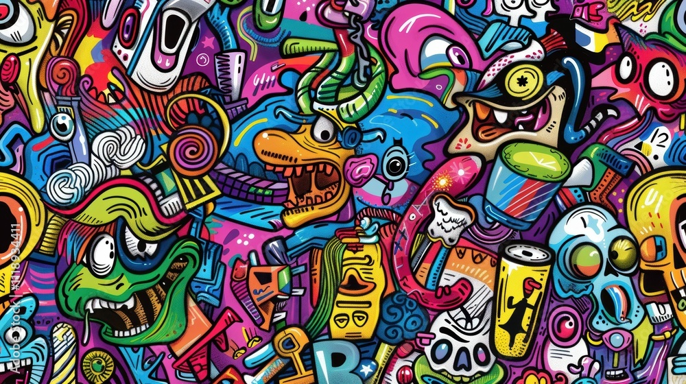 A vibrant collage of whimsical characters and abstract shapes. A vibrant collage of whimsical characters and abstract shapes.