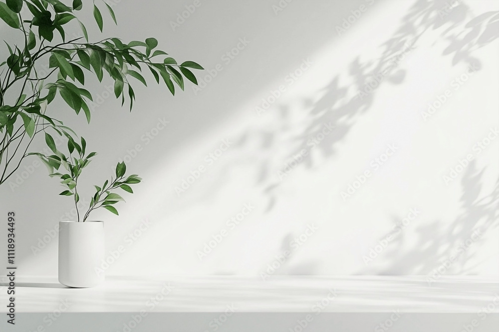 Interior Design with Green Plant on White Table and Blank Wall Background Interior Design with Green Plant on White Table and Blank Wall Background