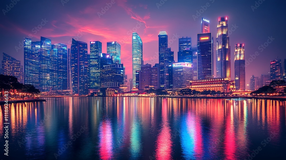 Fototapeta premium Vibrant cityscape skyline reflecting in calm water at dusk.