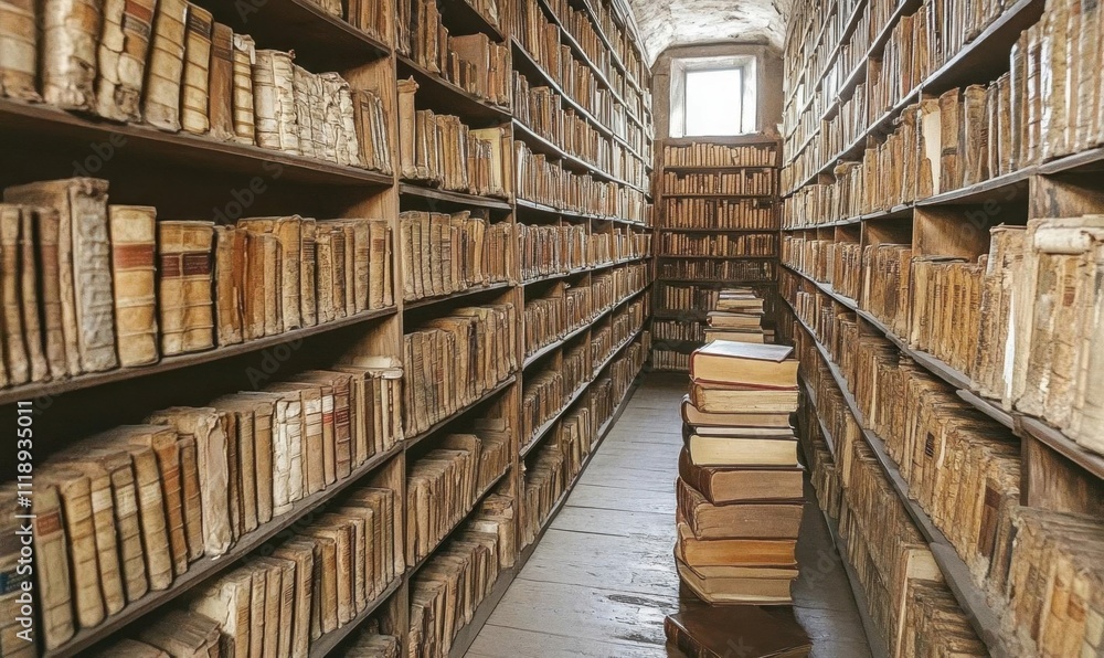 A dimly lit library filled with old, dusty books on wooden shelves. A dimly lit library filled with old, dusty books on wooden shelves.
