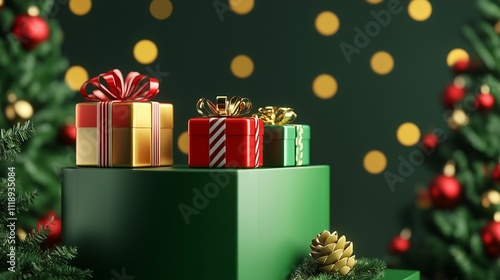 Brightly Colored Christmas Gifts on Green Podiums to Enhance the Holiday  
