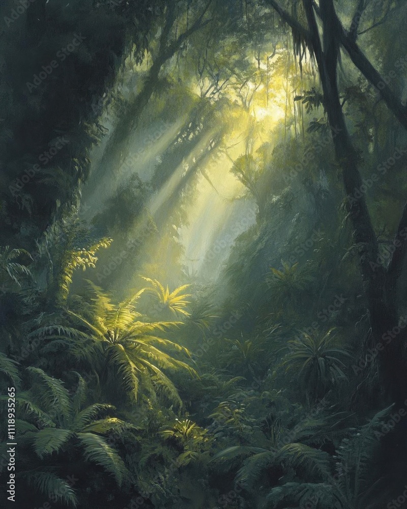 Fototapeta premium Lush jungle scene with sunlight filtering through dense foliage.