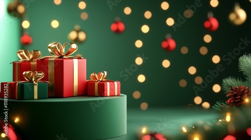 Brightly Colored Christmas Gifts on Green Podiums to Enhance the Holiday  
