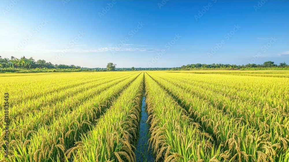 Lush green rice field under a clear blue sky, showcasing agricultural beauty. Lush green rice field under a clear blue sky, showcasing agricultural beauty.