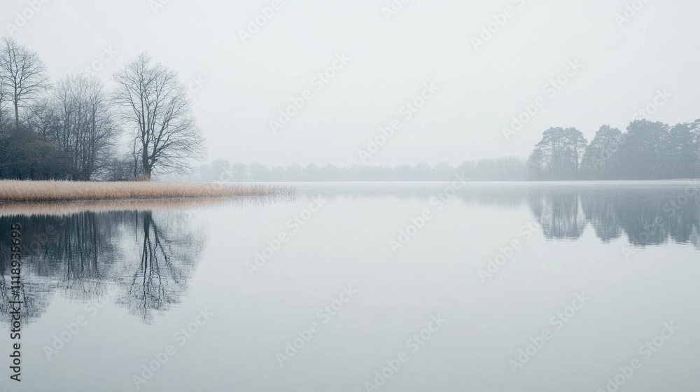 Fototapeta premium A serene lake scene with fog and reflections of trees.