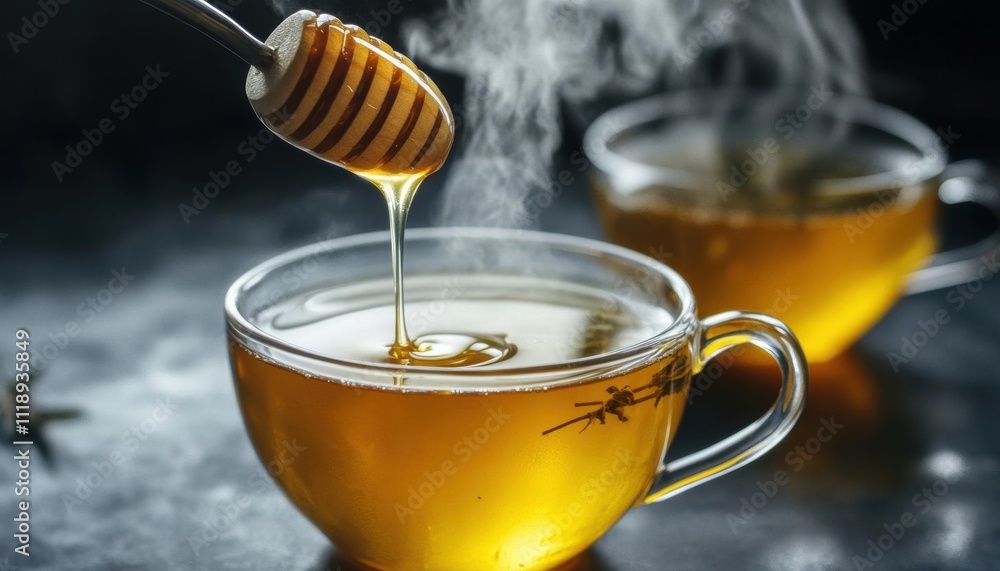 A steaming cup of tea with honey drizzling from a dipper. A steaming cup of tea with honey drizzling from a dipper.
