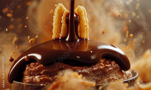Churros dipped in chocolate sauce with caramel drizzle and smoke.