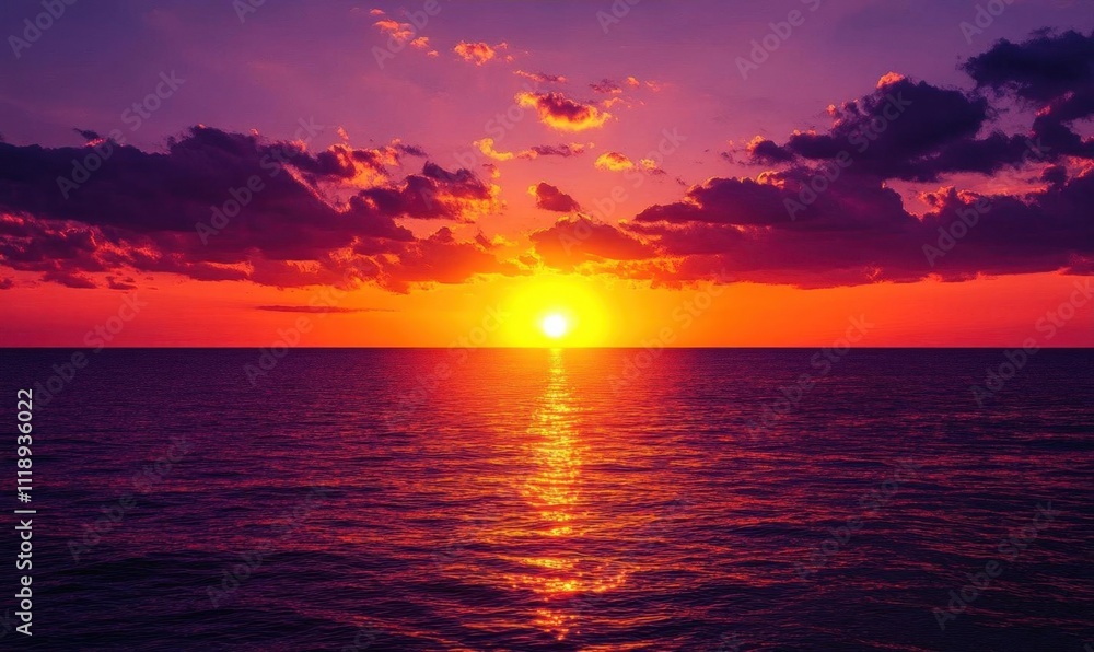 Naklejka premium A vibrant sunset over the ocean, casting colorful reflections on the water.