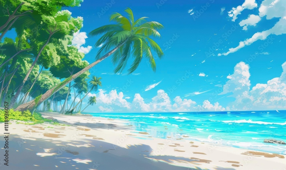 Obraz premium A serene beach scene with palm trees and clear blue skies.