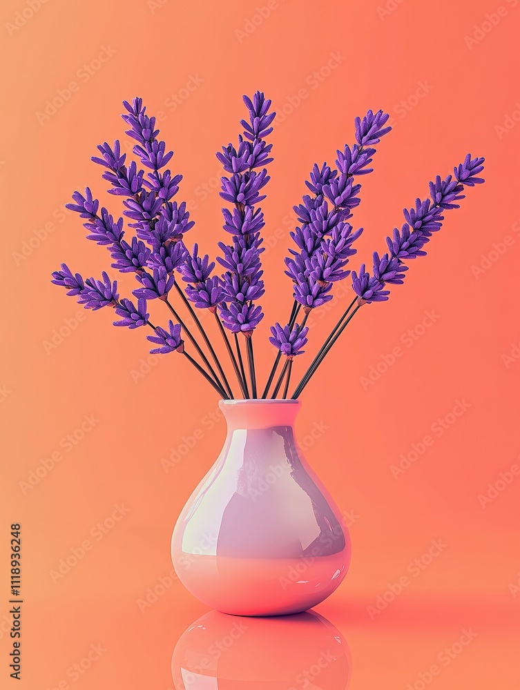 Vibrant purple lavender bouquet in a sleek, pale pink vase against a coral background. Minimalist still life image perfect for home decor, spa, or relaxation themes. Vibrant purple lavender bouquet in a sleek, pale pink vase against a coral background. Minimalist still life image perfect for home decor, spa, or relaxation themes.
