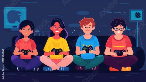 Four friends playing video games together on a couch. photo