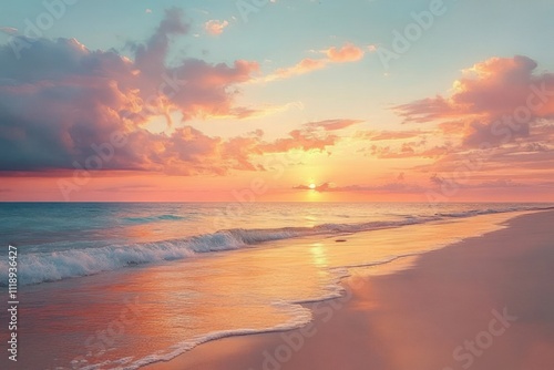 Fototapeta Naklejka Na Ścianę i Meble -  sunset over serene beach calm ocean water warm golden light tropical paradise inspiration