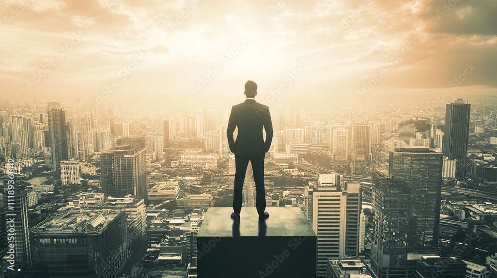 Businessman standing confidently on a large business icon, symbolizing success and professional achievement. Businessman standing confidently on a large business icon, symbolizing success and professional achievement.