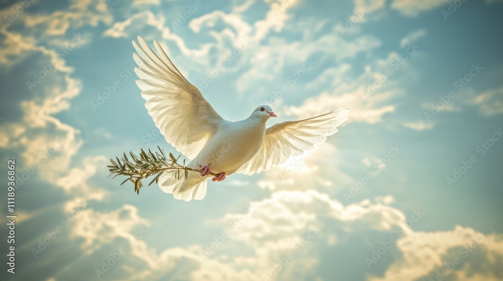 A white dove carrying an olive branch flying in the sky with sunlight and clouds background A white dove carrying an olive branch flying in the sky with sunlight and clouds background