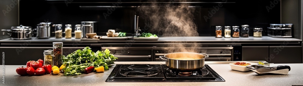 A modern kitchen scene with cooking ingredients and a steaming pot on the stove. A modern kitchen scene with cooking ingredients and a steaming pot on the stove.