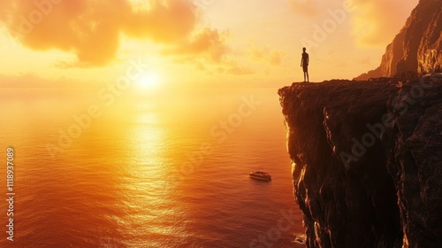 Sunset Silhouette: A Solitary Figure Contemplates the Vast Ocean from a Clifftop
