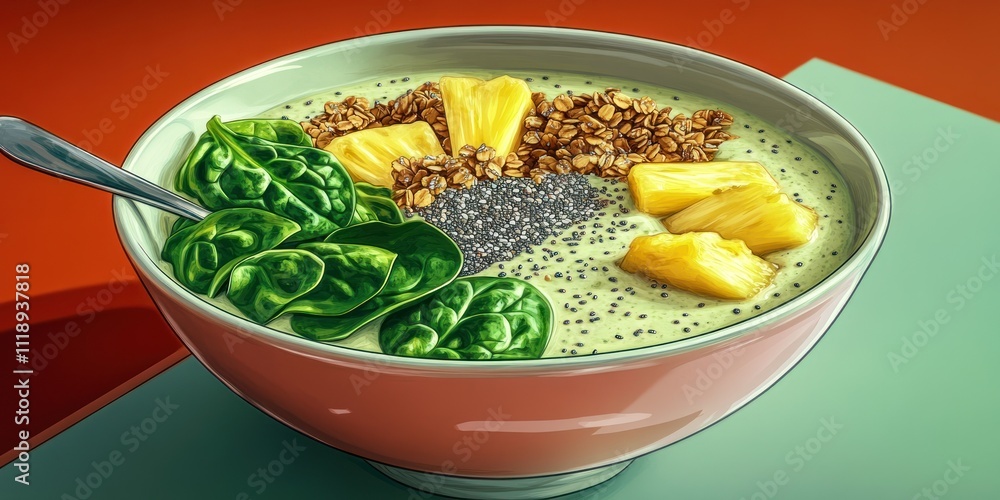A vibrant bowl of smoothie topped with pineapple, granola, chia seeds, and spinach. A vibrant bowl of smoothie topped with pineapple, granola, chia seeds, and spinach.