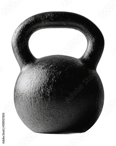 Black kettlebell resting on a gym floor, cut out - stock png.