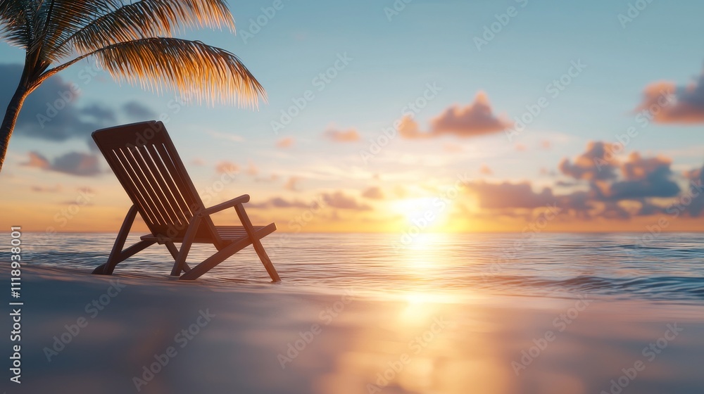 Travel ad layout, relaxing beach chair under a palm tree, warm sunset glow Travel ad layout, relaxing beach chair under a palm tree, warm sunset glow