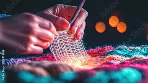 A close-up of hands weaving colorful yarn, creating a textured fabric under soft lighting. photo