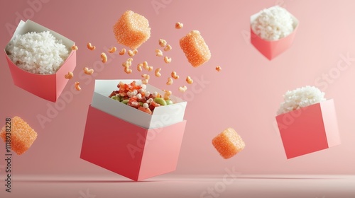 Trendy food delivery ad, diverse cuisine options in vibrant packaging, on-demand concept photo