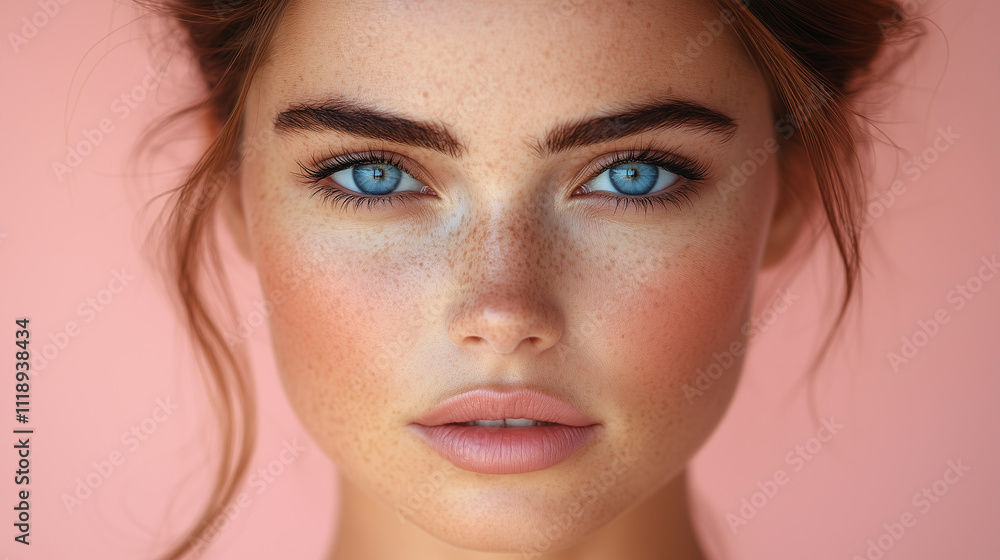 Beauty and skincare portrait showcasing a woman\'s fresh and radiant complexion against a soft pink background Beauty and skincare portrait showcasing a woman\'s fresh and radiant complexion against a soft pink background