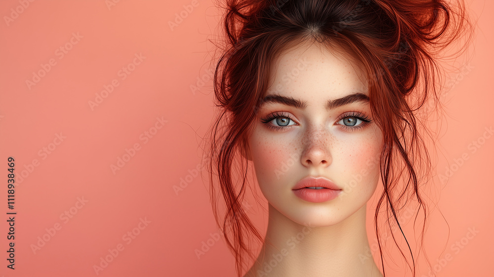 Fototapeta premium Portrait of a woman showcasing beauty and skincare routine with a soft pink background