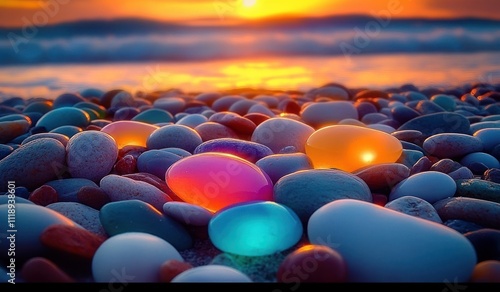 Colorful Pebbles and Sea Glass on a Beach at Sunset Close-up with Smooth Textures and Vibrant Colors photo