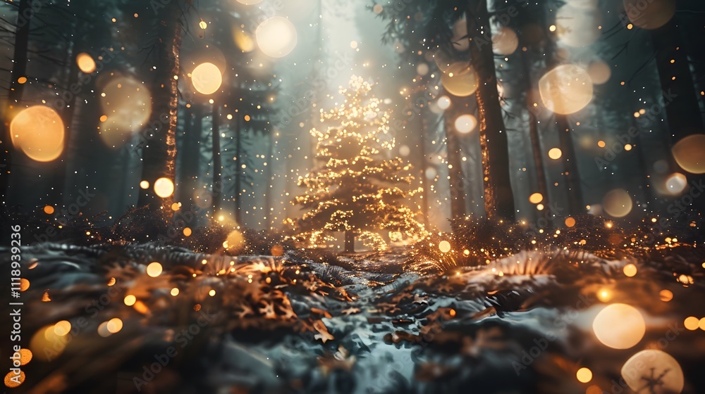 Enchanting Christmas tree in a magical forest. Enchanting Christmas tree in a magical forest.