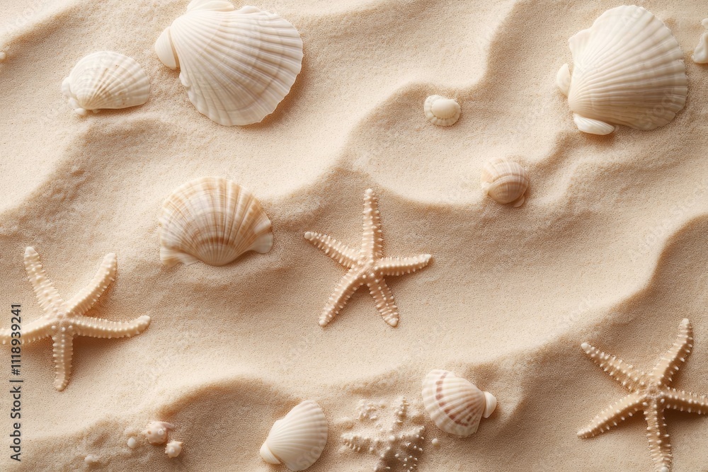Sandy Beach Texture with Seashells and Starfish Natural Background Sandy Beach Texture with Seashells and Starfish Natural Background