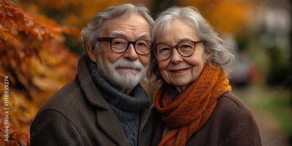 Serene Outdoor Portrait of Mature Asian Couple Smiling in Autumn Garden