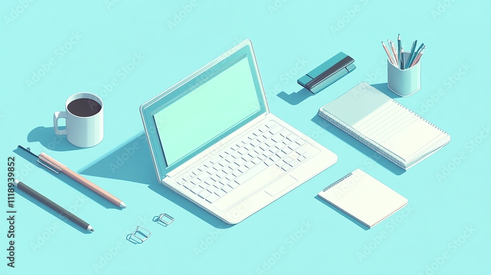 Flat lay of modern workspace with laptop, notebooks, pens, pencils, coffee cup and paperclips on a light blue background. Perfect for productivity, work, and office concepts. Flat lay of modern workspace with laptop, notebooks, pens, pencils, coffee cup and paperclips on a light blue background. Perfect for productivity, work, and office concepts.