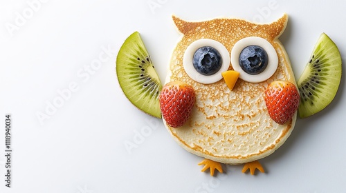 Smiling owl pancake with blueberry eyes, kiwi wings, and a strawberry beak, perfect for kids' menu or product packaging photo