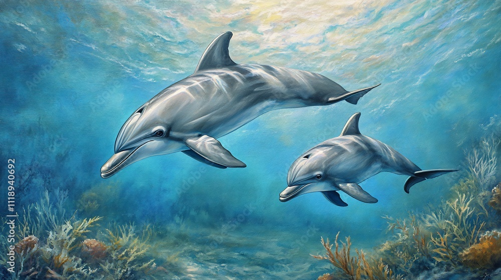 Two dolphins swimming in clear ocean water above a coral reef. Two dolphins swimming in clear ocean water above a coral reef.