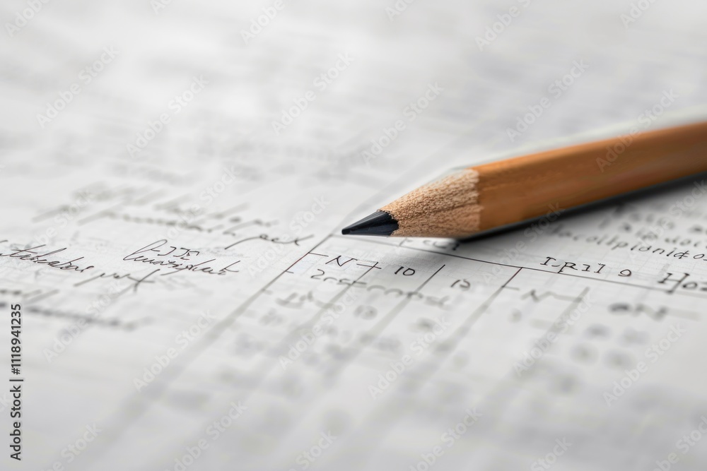 Close-up of Pencil on Handwritten Notes: A Study in Detail Close-up of Pencil on Handwritten Notes: A Study in Detail