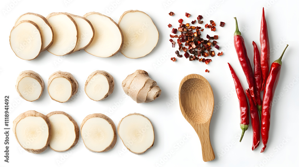 Fresh Galangal Root and Red Chilies on White Background Fresh Galangal Root and Red Chilies on White Background