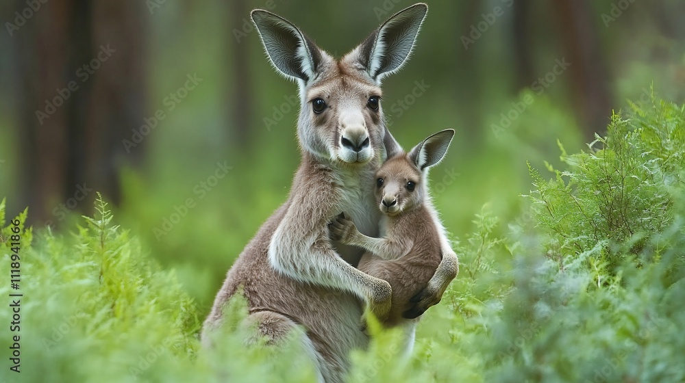Naklejka premium Red kangaroo mother cradling her joey in lush green vegetation.
