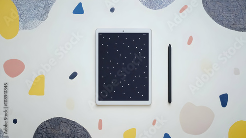 A tablet and stylus on a colorful, abstract background, ideal for digital creativity.