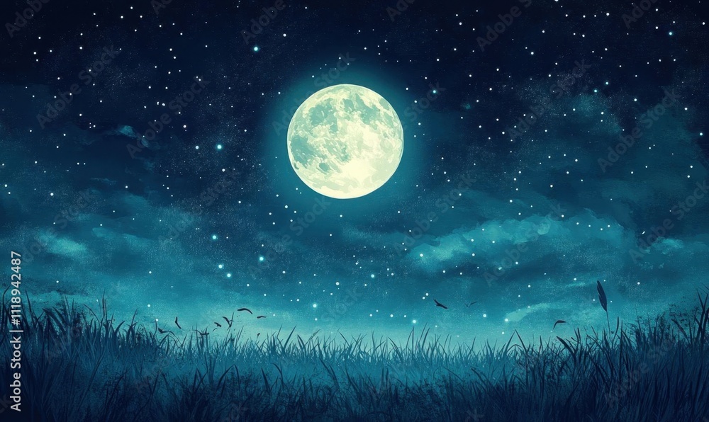 A serene night scene featuring a bright moon and starry sky. A serene night scene featuring a bright moon and starry sky.