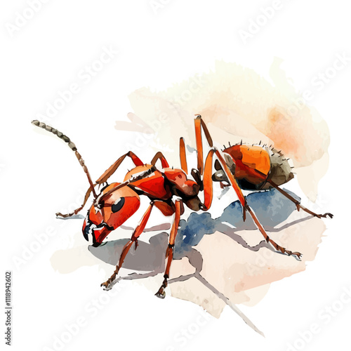 A watercolor vector of a soldier ant, isolated on a white background. Soldier ant vector.