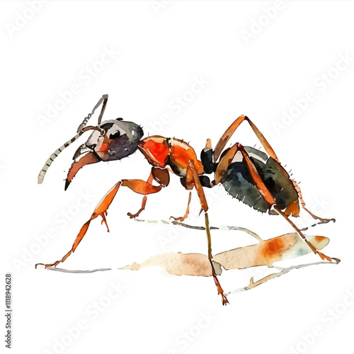 A watercolor drawing of a soldier ant, isolated on a white background. Soldier ant vector.