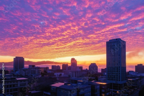 Vibrant sunset over a city skyline with colorful clouds.