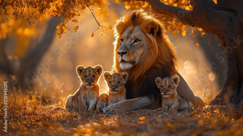 Majestic male lion with three cubs under a tree in golden light.
