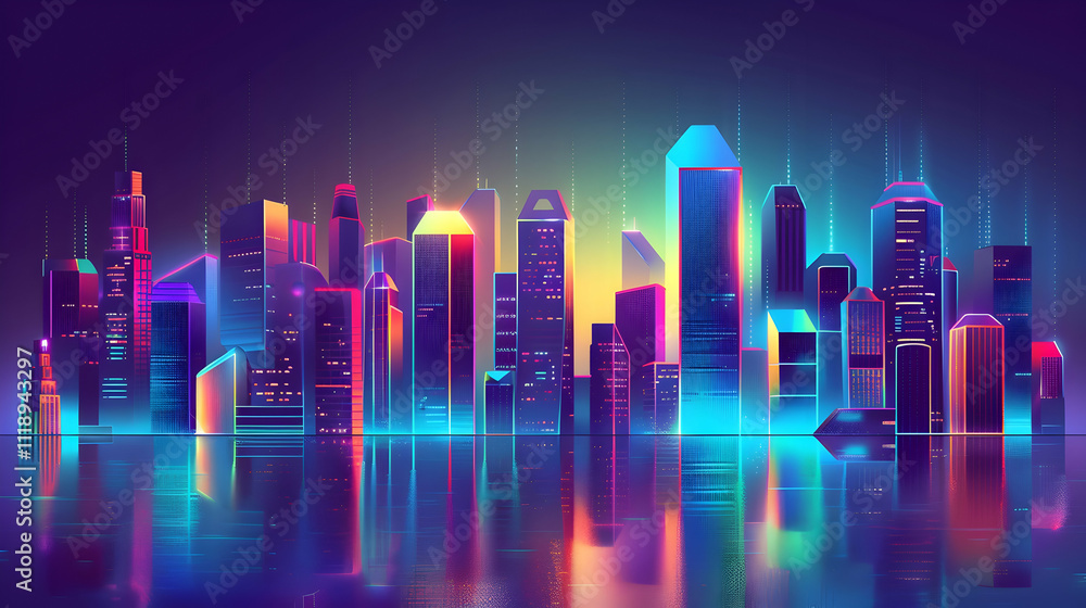 A vibrant, futuristic city skyline with neon lights reflecting on water. A vibrant, futuristic city skyline with neon lights reflecting on water.