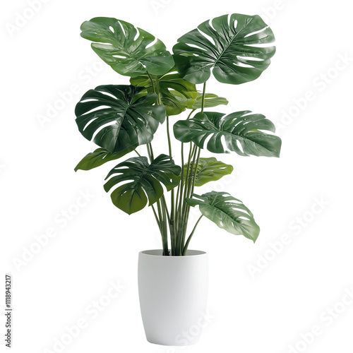 A vibrant indoor flower plant, monstera plant with large, fenestrated leaves on transparent or white background