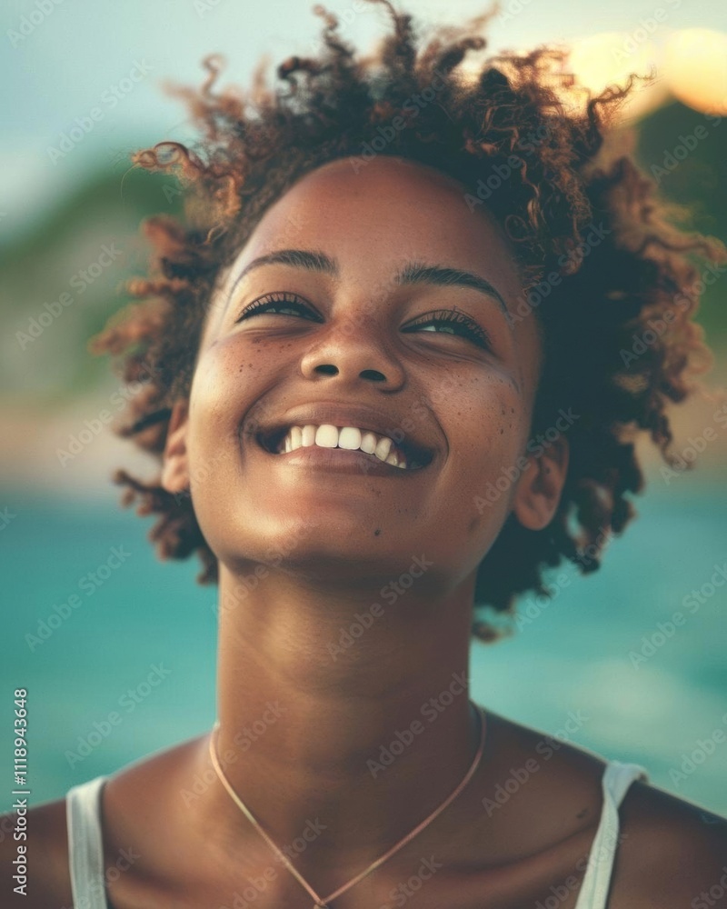 A joyful person smiling against a scenic beach backdrop. A joyful person smiling against a scenic beach backdrop.