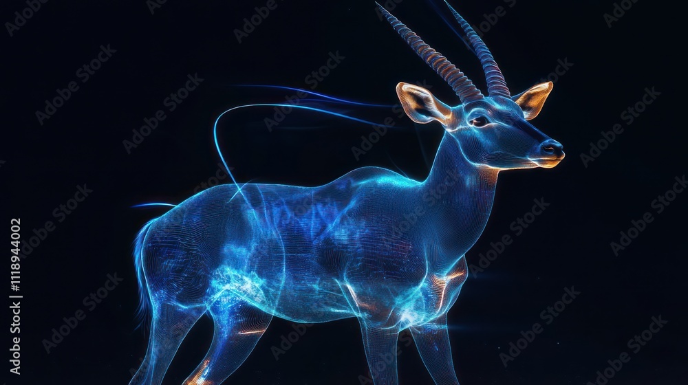 3D holographic antelope, glowing curves, black background 3D holographic antelope, glowing curves, black background