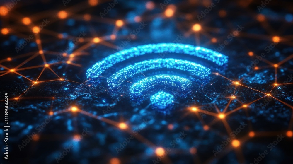 Futuristic Wi-Fi Symbol in Cyberpunk Digital Landscape with Neon Lights and Network Patterns Futuristic Wi-Fi Symbol in Cyberpunk Digital Landscape with Neon Lights and Network Patterns